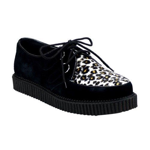 Demonia Creeper-600 Süet-Cheetah Fur Kadın Creepers Ayakkabı Siyah | APKEI-2