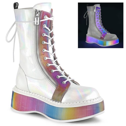 Demonia Emily-350 Brushed Hologram Vegan Deri-Rainbow Reflective Kadın Diz Boyu Çizme Beyaz | TZJCP-8