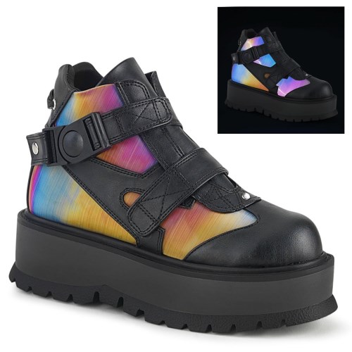 Demonia Slacker-32 Vegan Deri-Rainbow Reflective Kadın Bilek Boy Bot Siyah Renkli | RQXPY-3