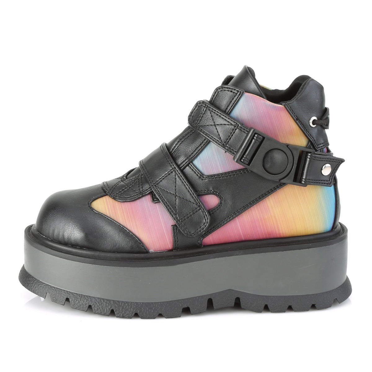 Demonia Slacker-32 Vegan Deri-Rainbow Reflective Kadın Bilek Boy Bot Siyah Renkli | RQXPY-3